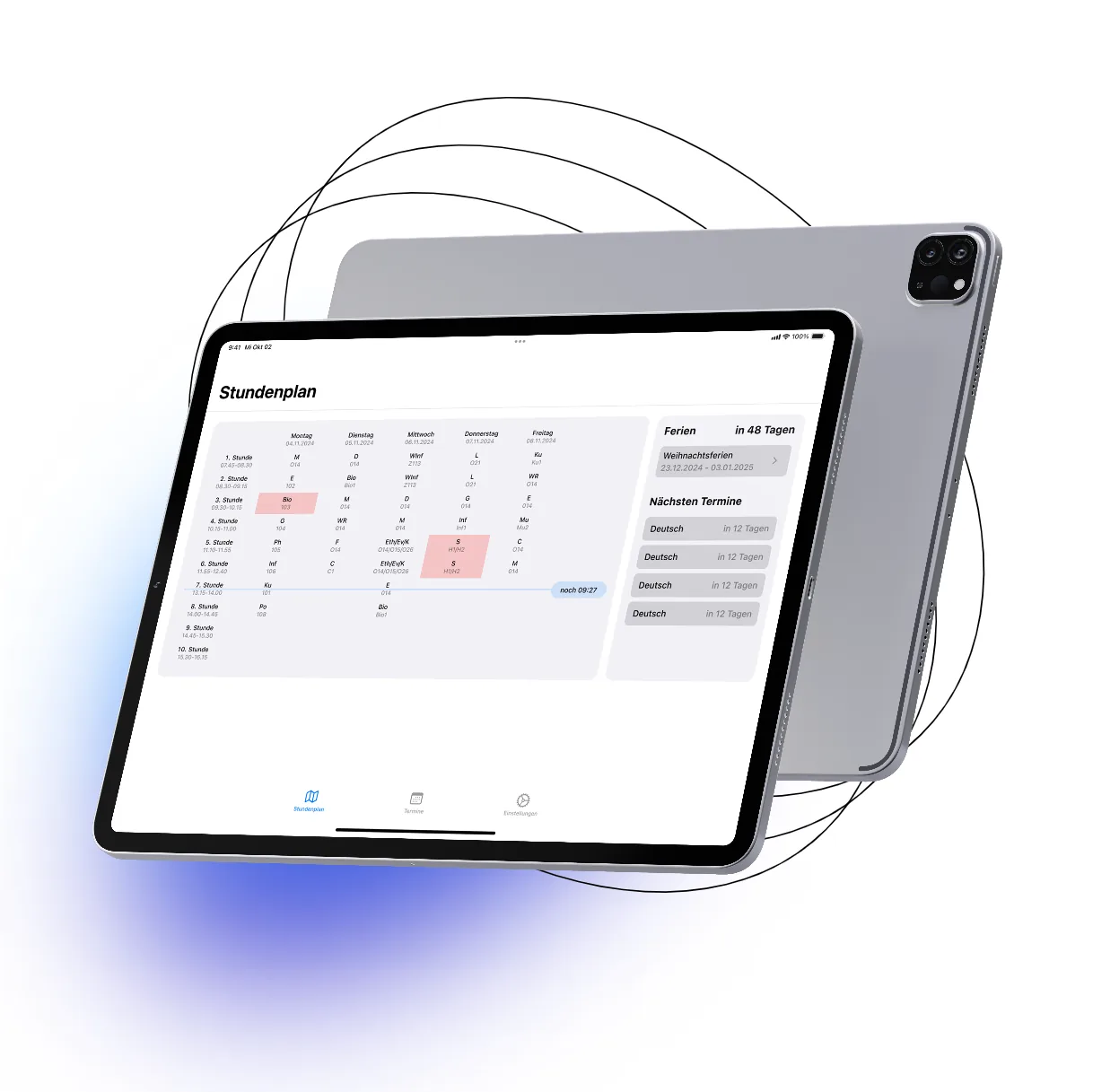 ClassFlow auf einem Tablet: Stundenplan-Ansicht mit Wochenübersicht, Fächern, Räumen und einer Seitenspalte für Ferien und nächste Termine.