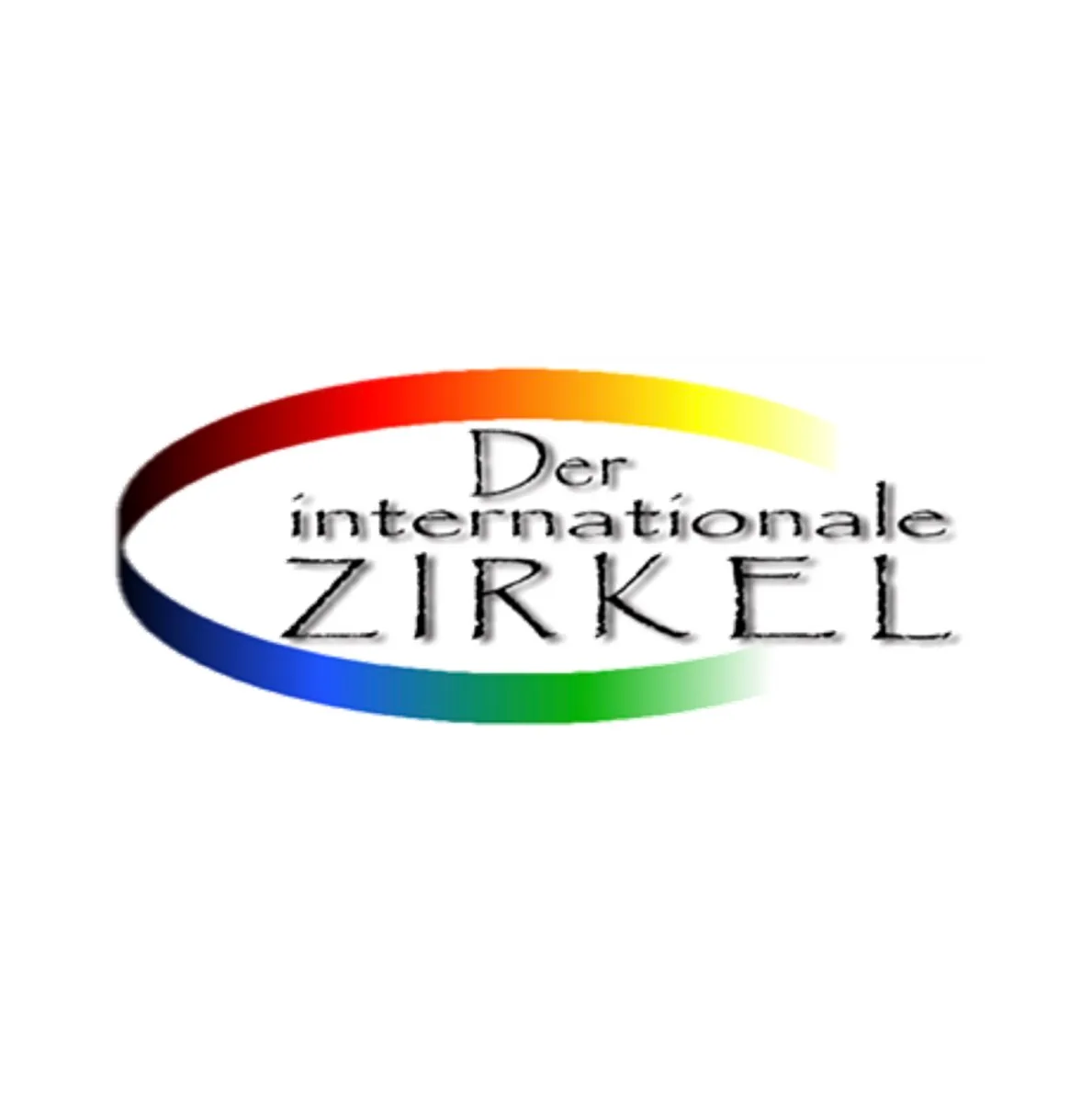 Logo „Der internationale Zirkel“: handgezeichneter Schriftzug in einem regenbogenfarbenen Ellipsenband.
