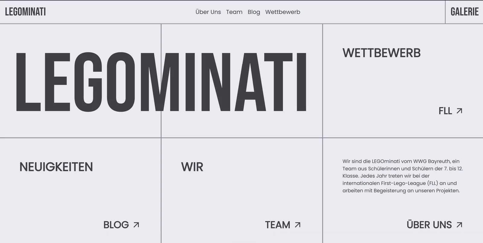 Startseite der LEGOminati-Website: Rasterlayout mit übergroßem Schriftzug „LEGOMINATI“ und Kacheln zu Wettbewerb, Neuigkeiten, Team und Über uns.
